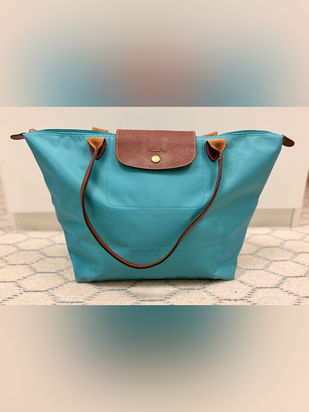 LONGCHAMP Y2K Classic Signature Le Pliage Large Turquoise Nylon Shopping Tote